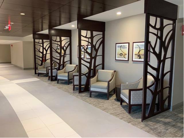Doylestown Hospital corridor with decorative branch screens and guest seating