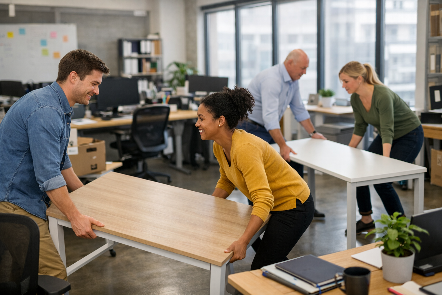 people moving desks in an office setting